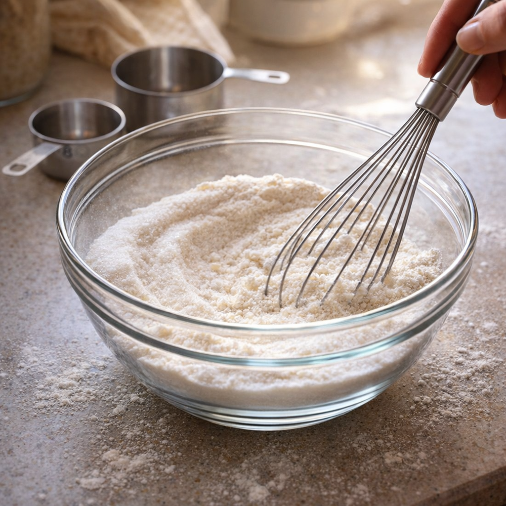 Sugar and flour being whisked in a mixing bowl