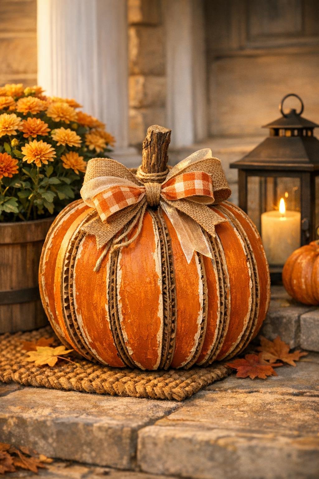 Finished stacked cardboard pumpkin decor displayed for fall