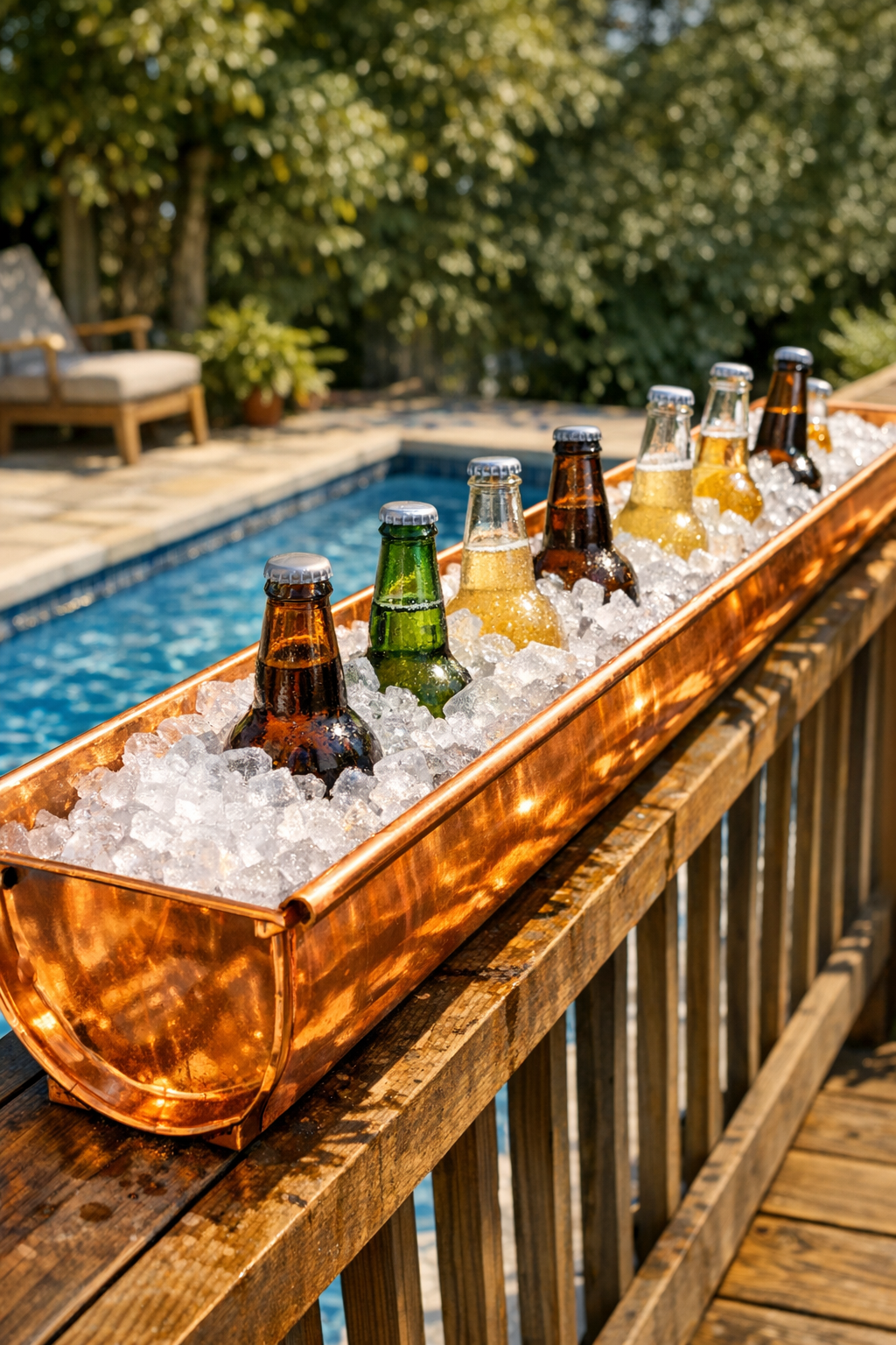 Finished copper drink rail mounted to deck railing and filled with ice and drinks