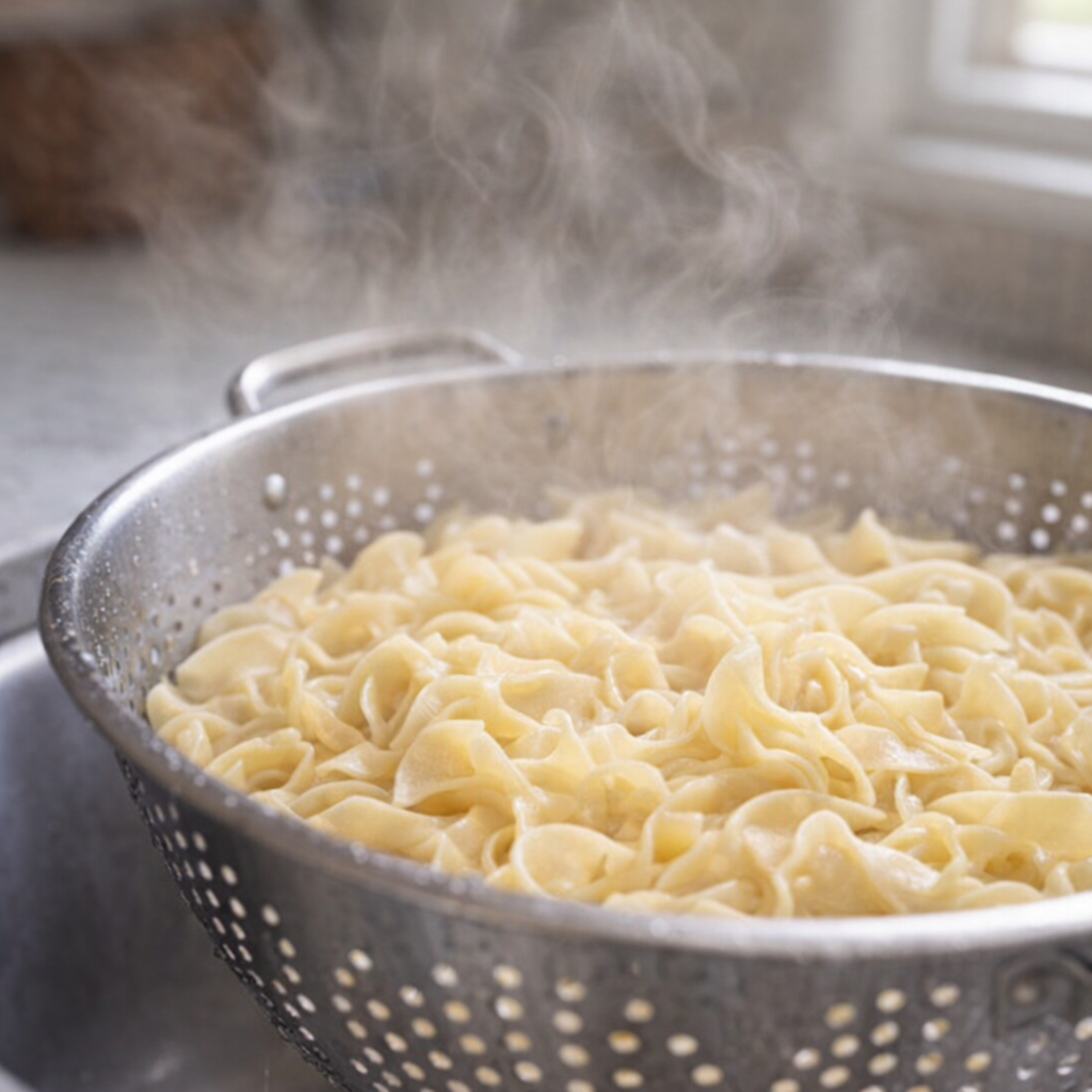 Egg noodles draining in a colander by the sink