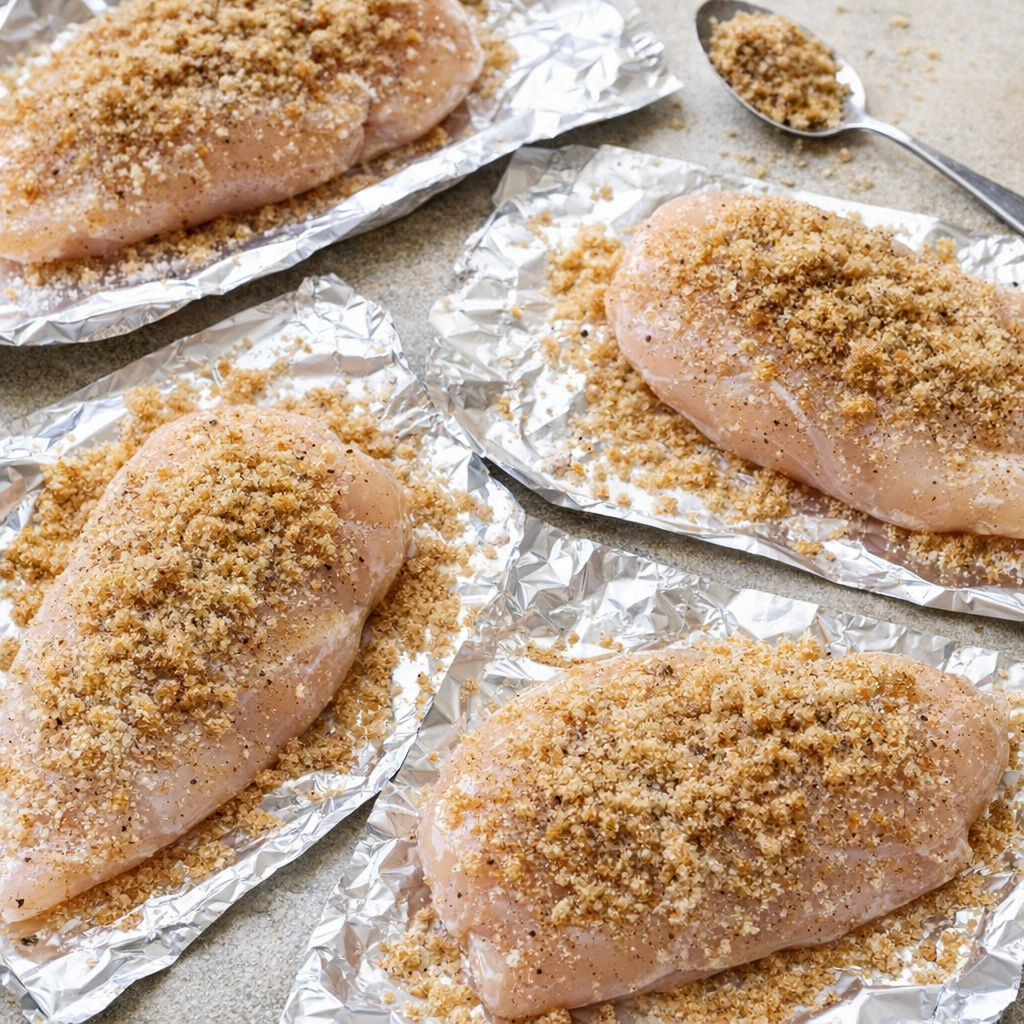 Chicken breasts coated with brown sugar mixture on foil sheets
