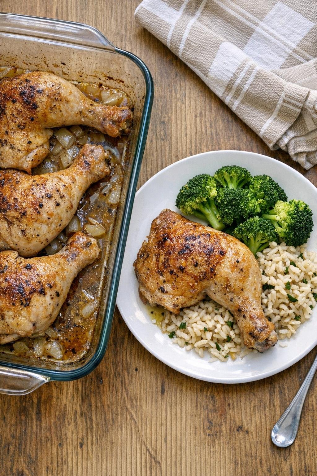 Baked chicken leg quarters in a glass casserole dish