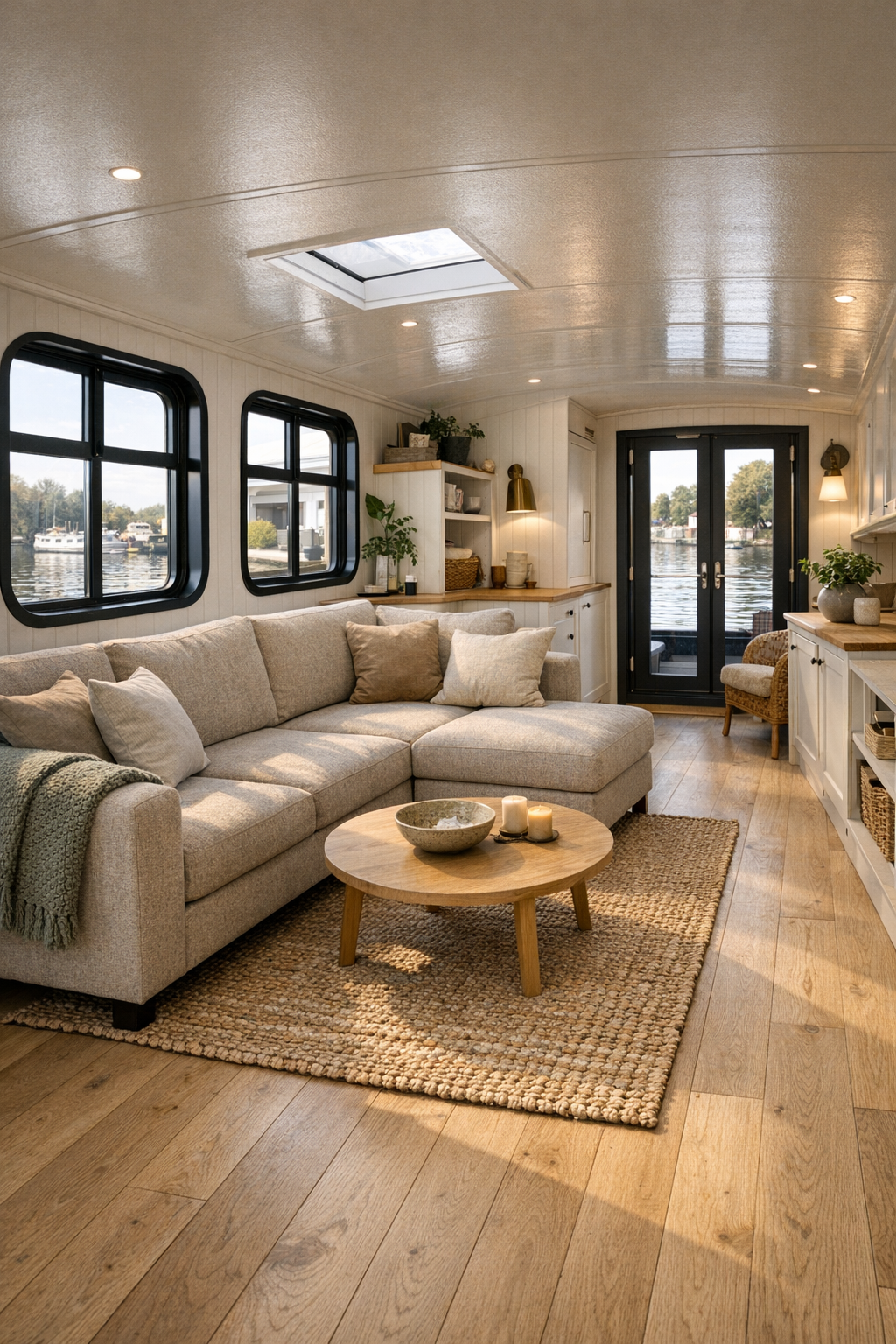 Bright accessible living room inside a Dutch barge houseboat with oatmeal sectional and pale oak floors