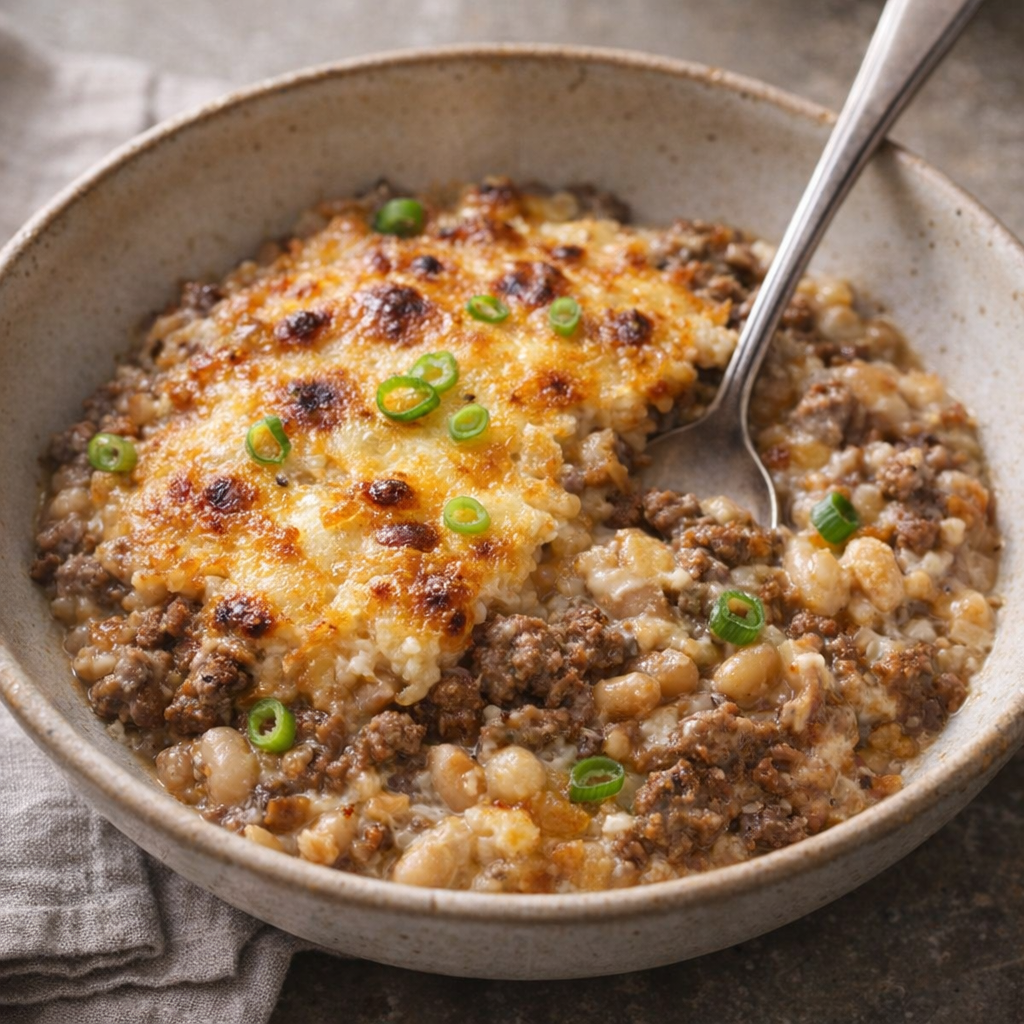 Slow cooker cowboy casserole served in a bowl