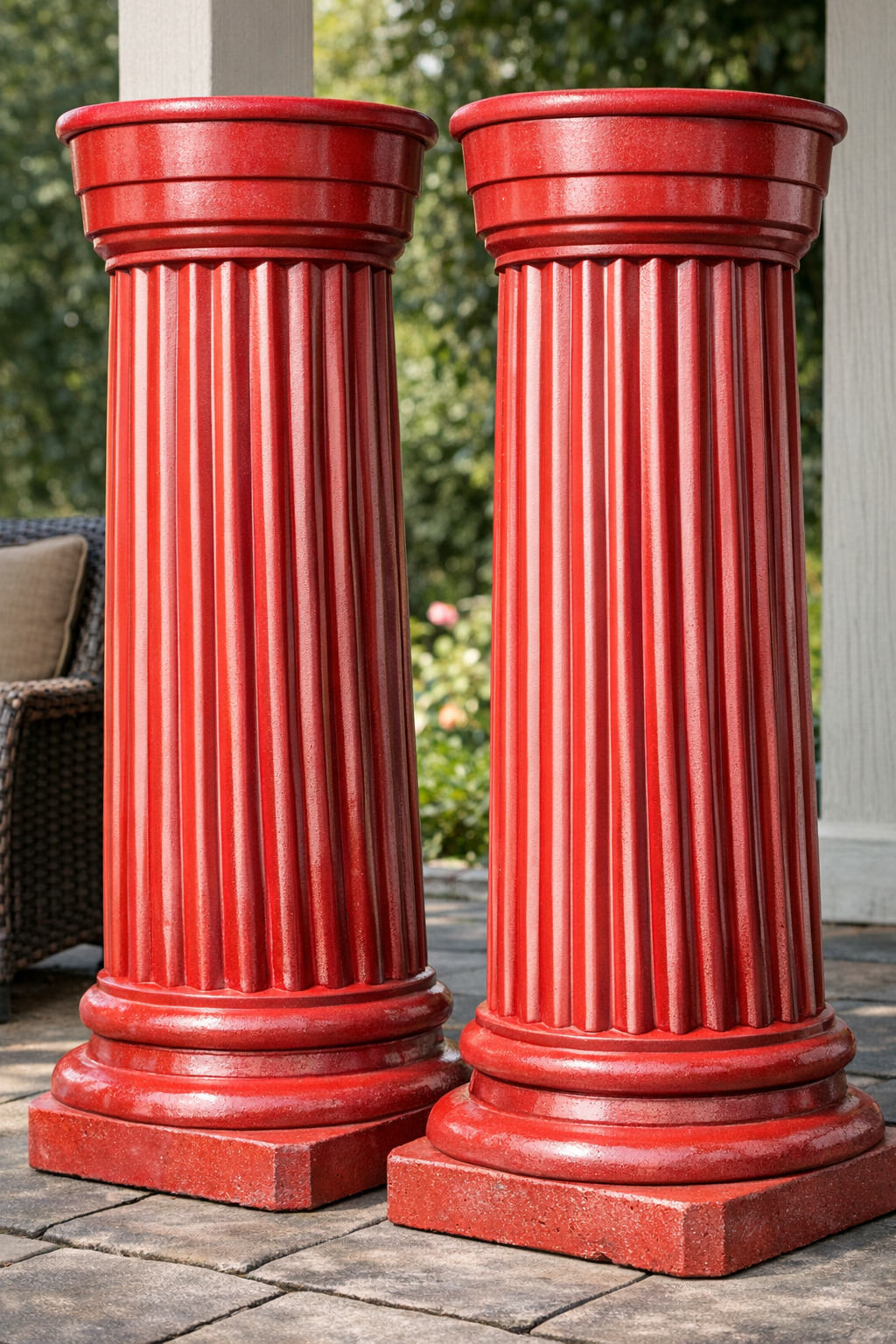 Finished heavy fluted outdoor cement columns made from red party cup molds