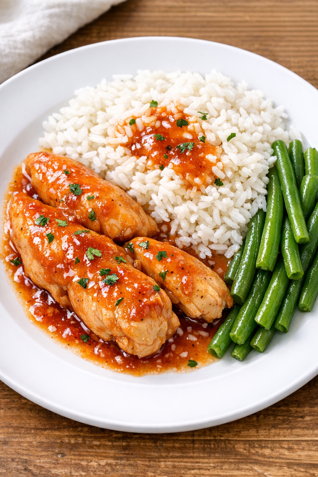 Finished slow cooker chicken plated with sauce