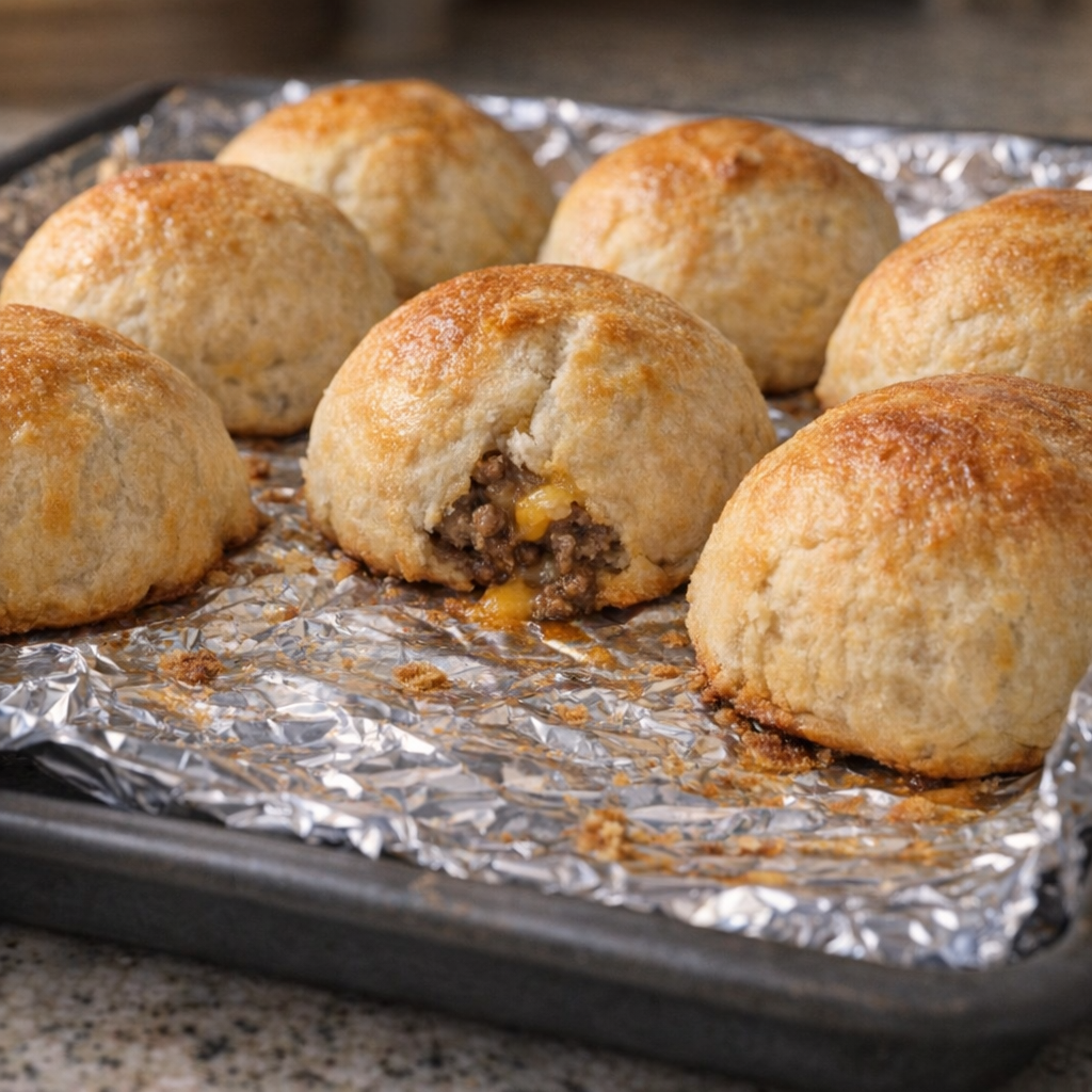 Freshly baked crescent puffs cooling on the pan