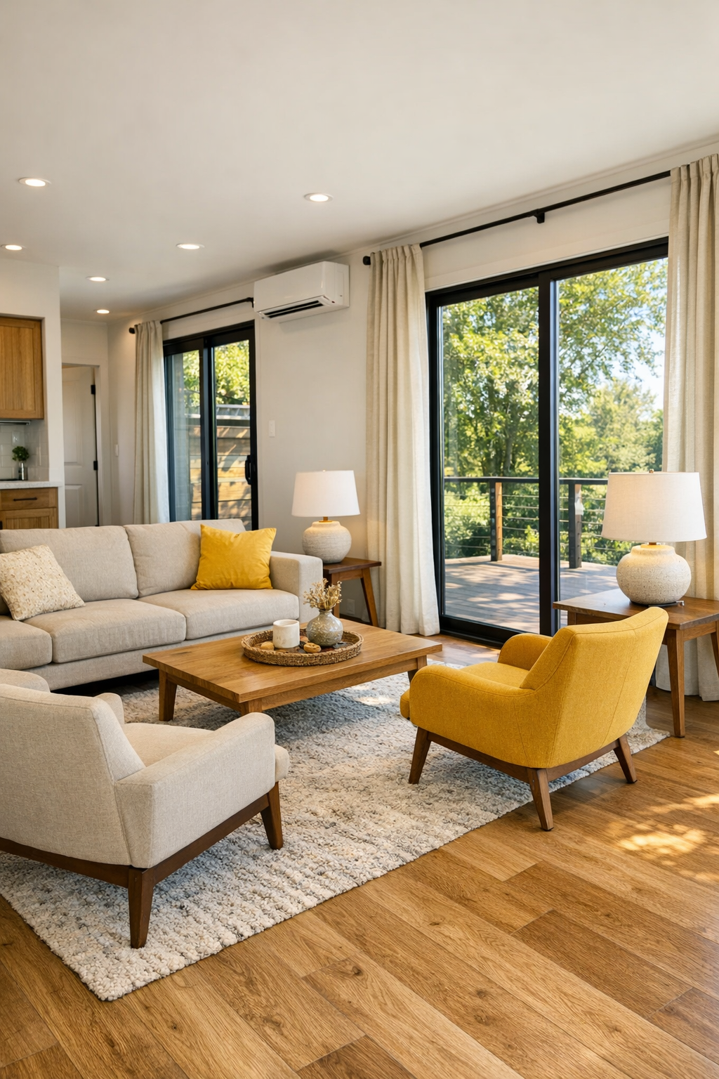 Warm accessible living room with honey-toned accents and wide open layout