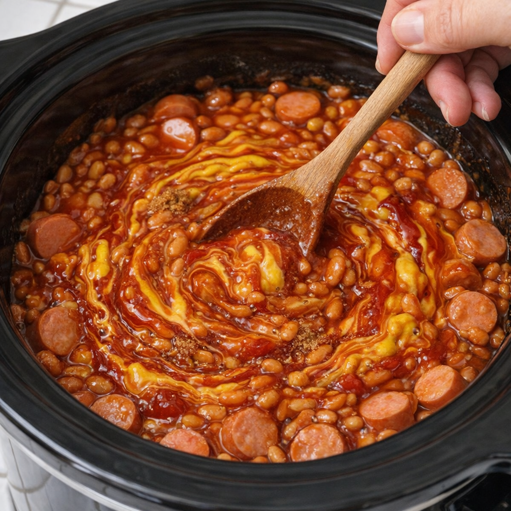 Sauce being stirred into beanie weenies in the slow cooker