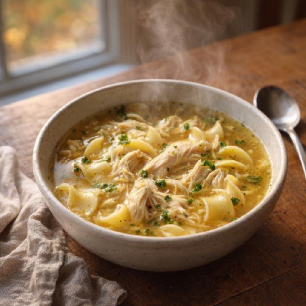 Warm bowl of chicken noodle soup on a kitchen table