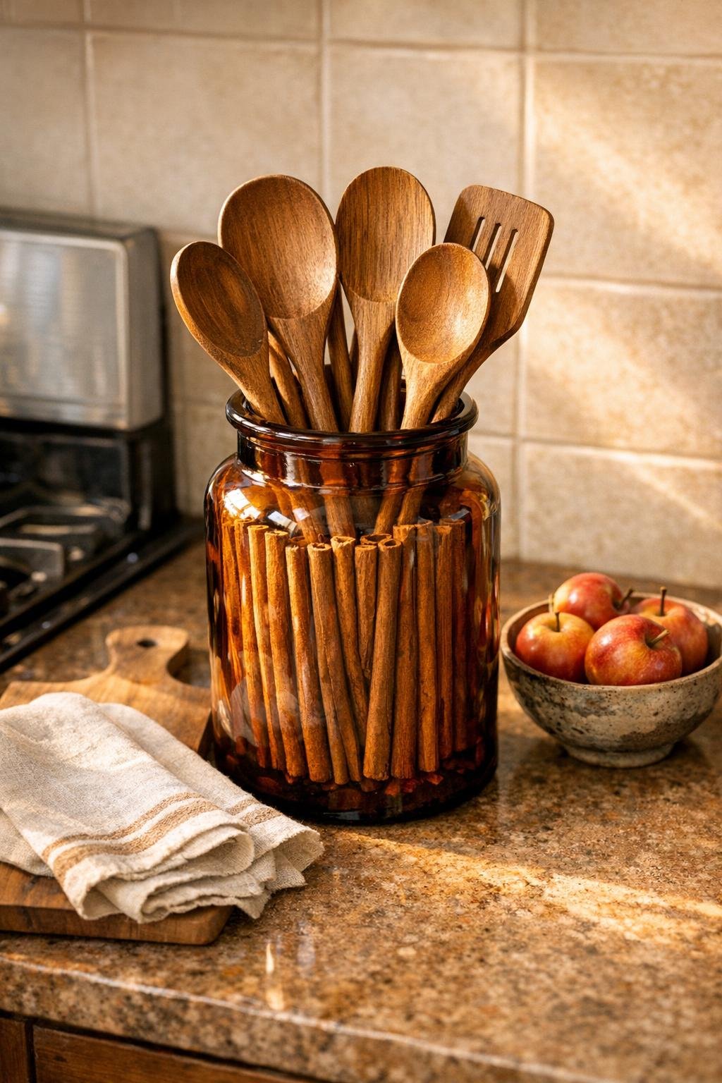 Completed cinnamon stick utensil crock styled on a kitchen counter