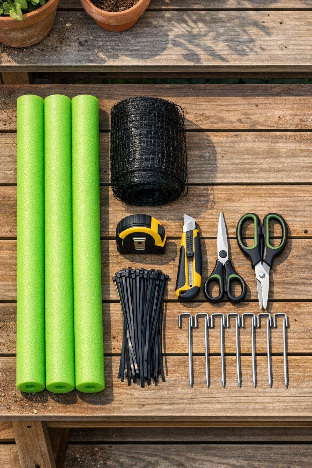 Materials for a raised bed insulating collar laid out on a potting bench