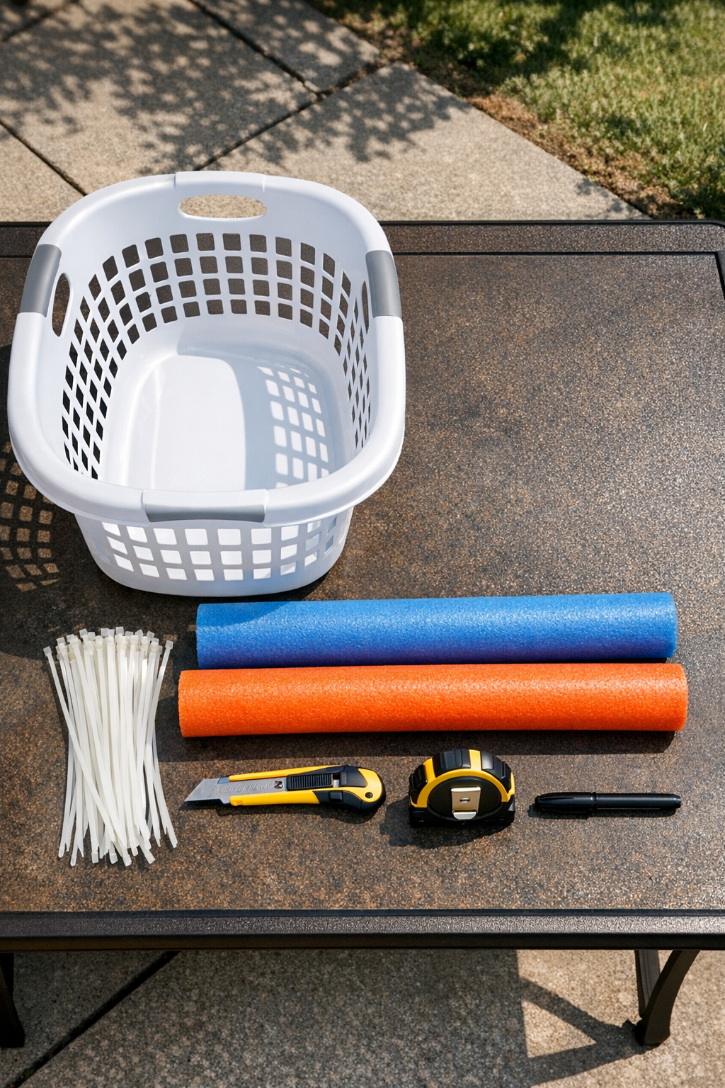 Pool noodles, laundry basket, and zip ties laid out for the project