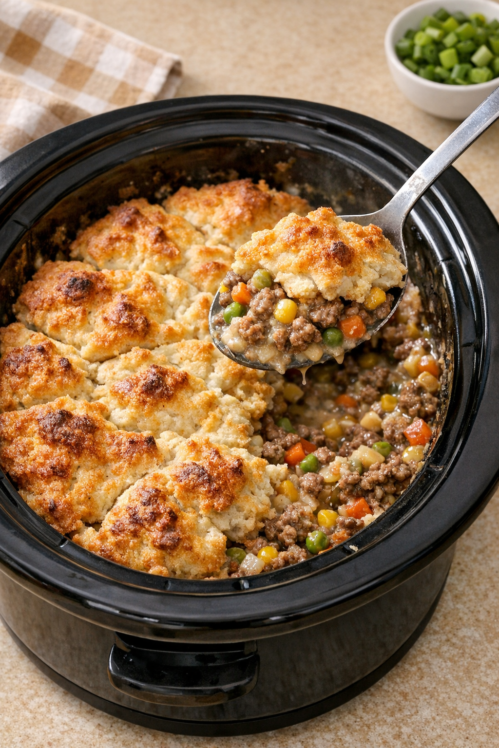 Finished slow cooker beef pie served from the crock with biscuit topping