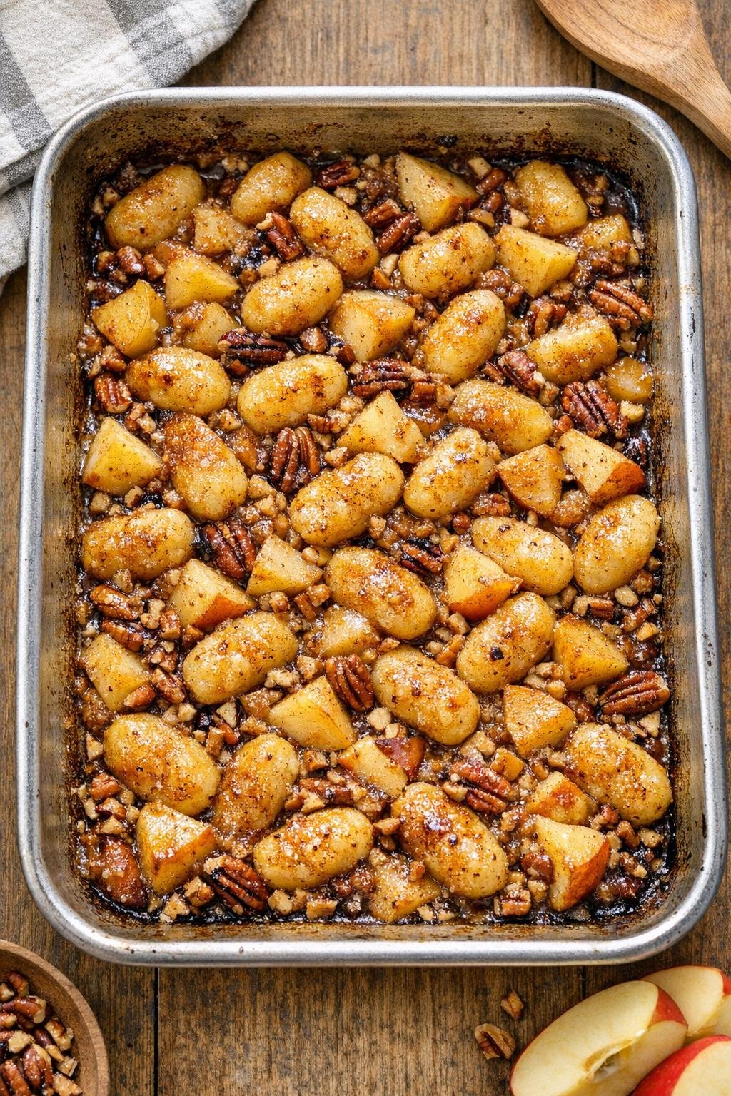 Baked caramel apple gnocchi in a roasting pan