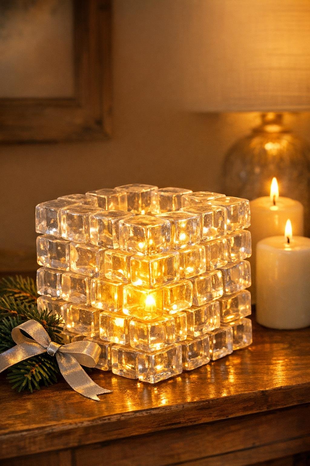 Finished faux ice block lantern glowing on a cozy tabletop