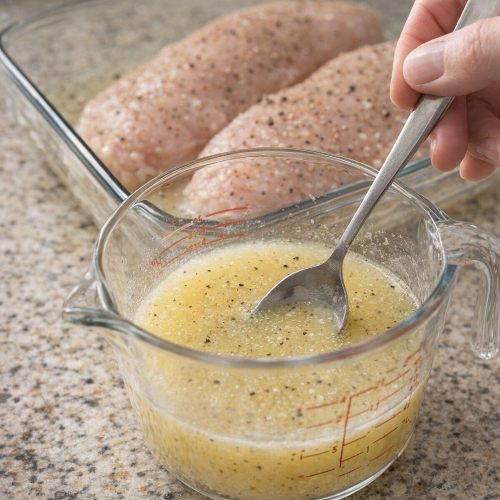 Hand stirring lemon butter mixture in a measuring cup