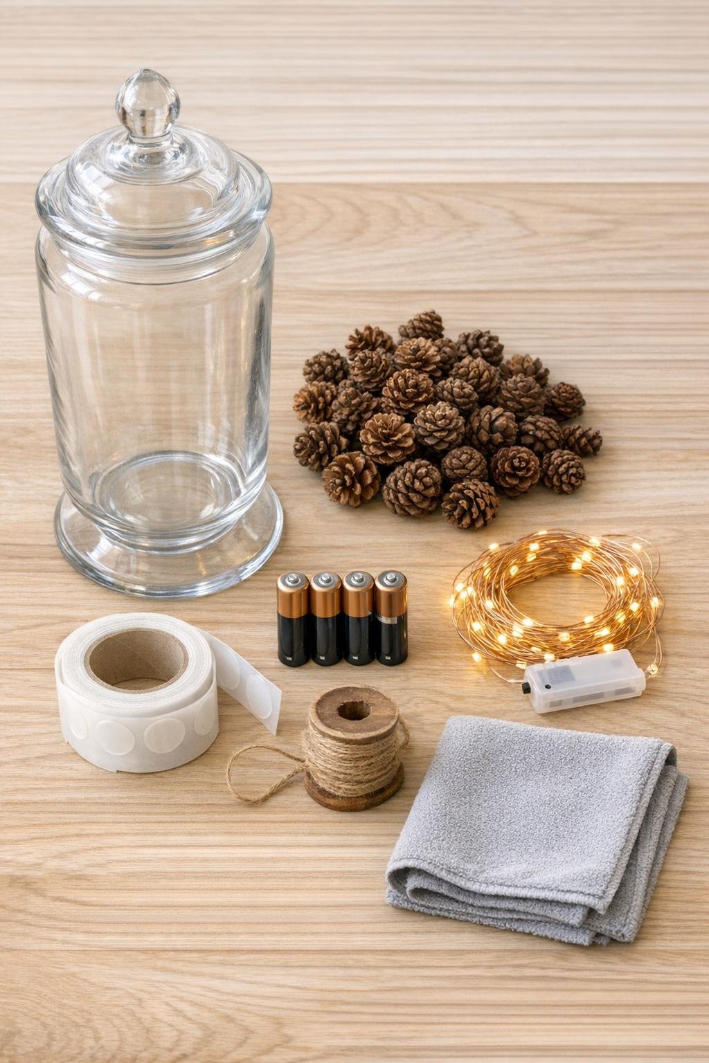 Materials for the apothecary jar fairy light project laid out together