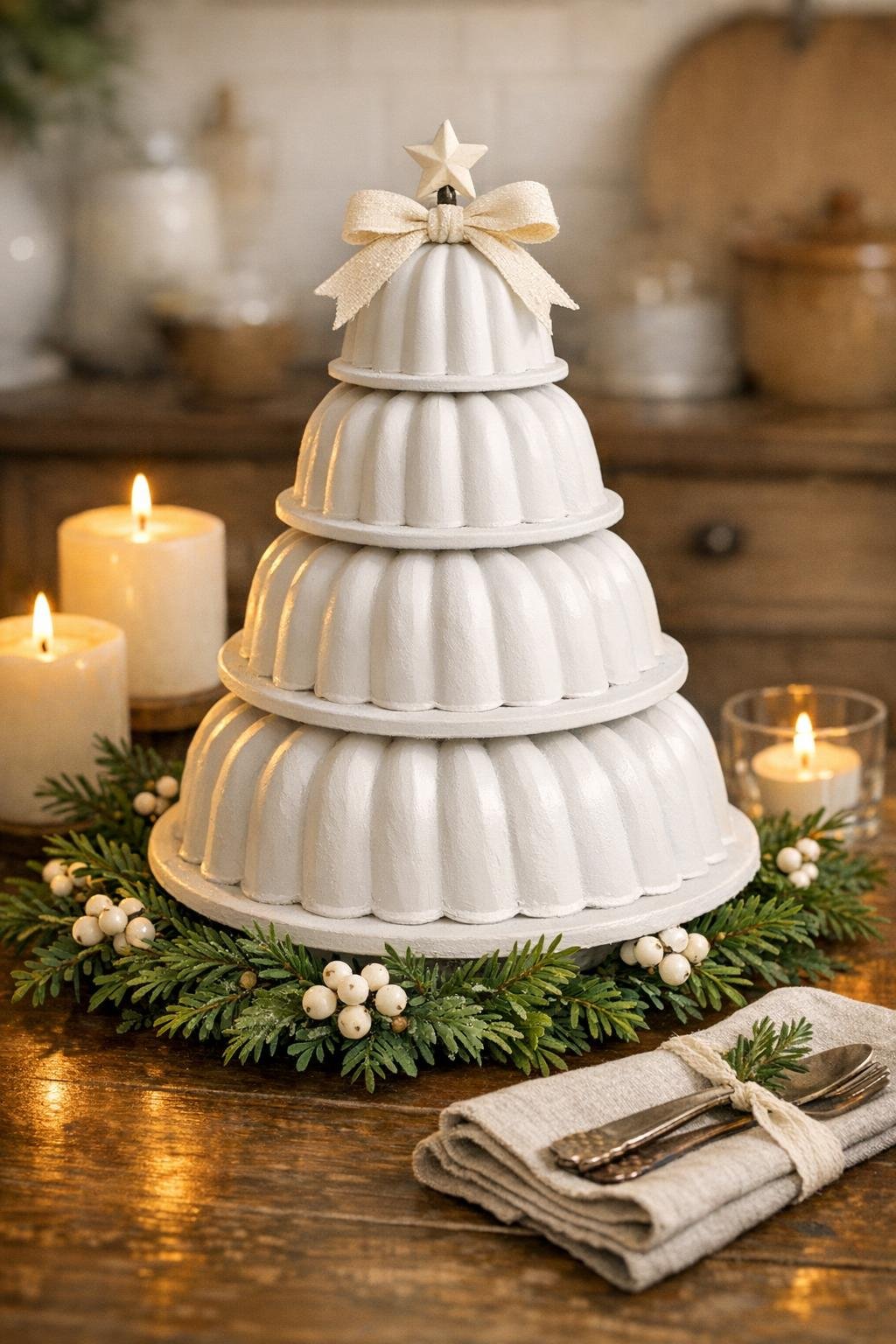 Finished tabletop tree made from stacked bundt pans displayed on a kitchen table