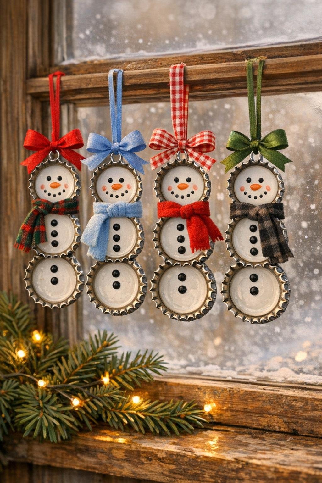 Finished bottle cap snowman ornaments hanging in a cozy window