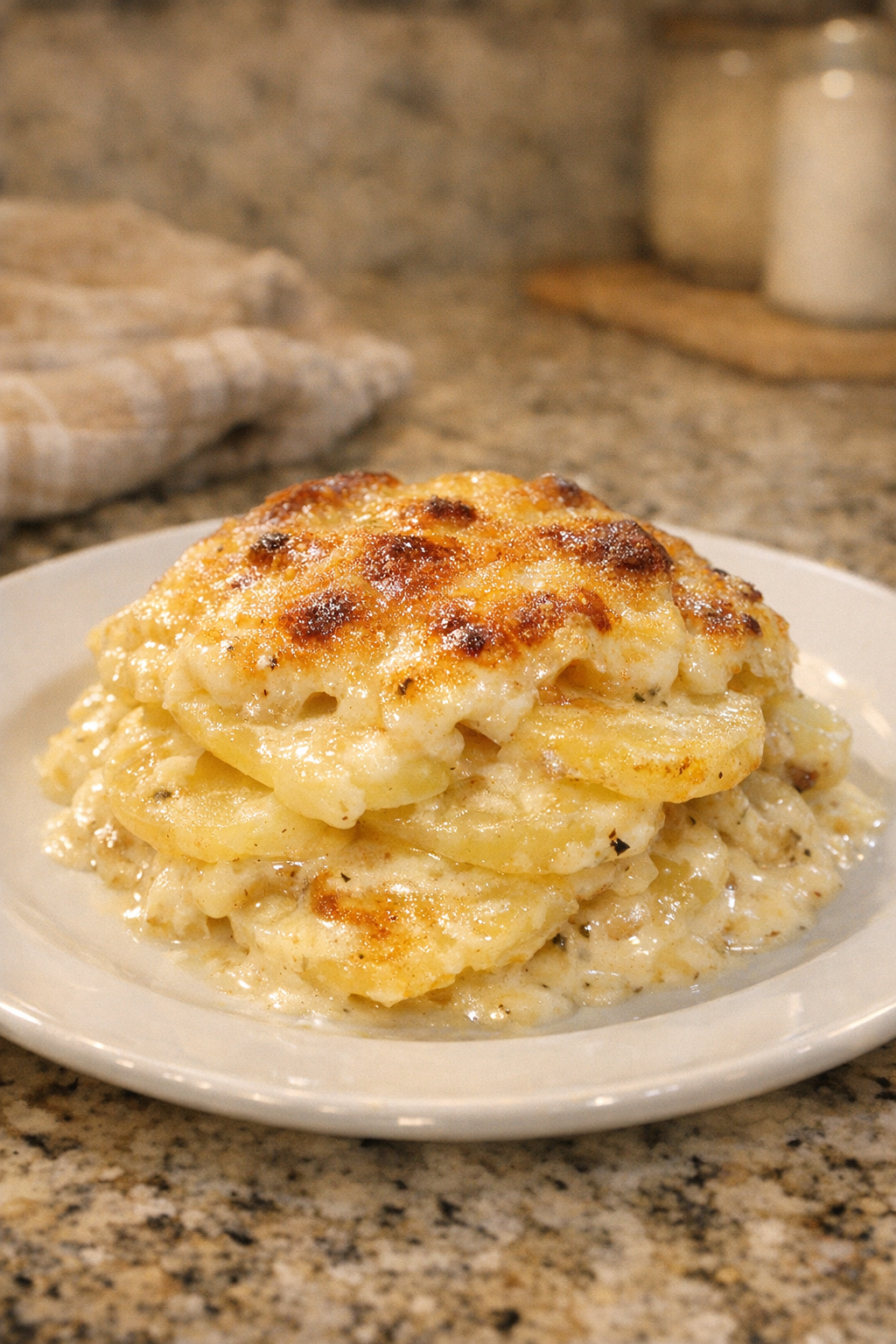 Finished plated scalloped potatoes with creamy bubbling layers and golden top