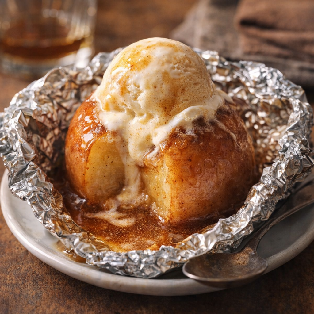 Baked apple opened in foil with melting ice cream