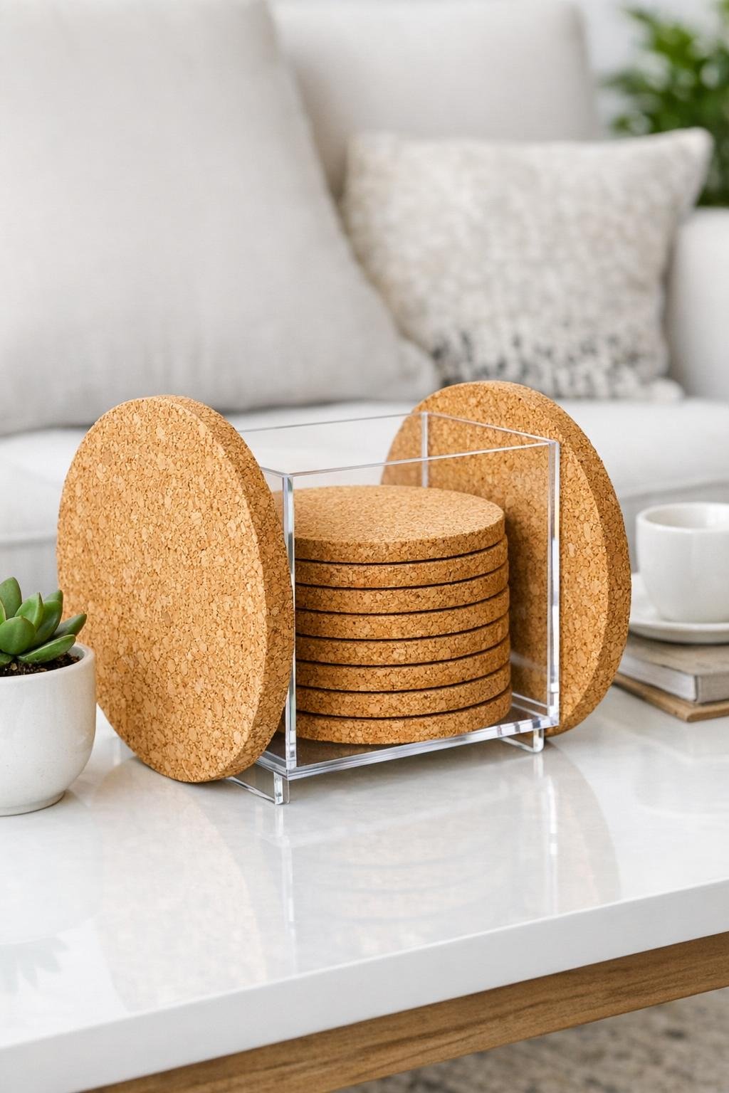 Finished coaster station made from a clear acrylic magazine holder turned sideways with cork trivets attached