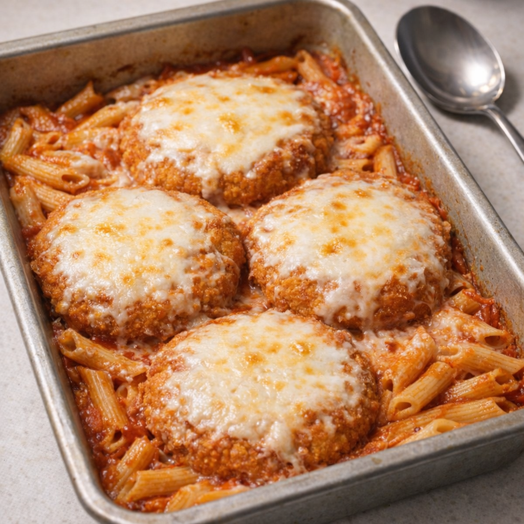 Angled view of baked chicken parmesan pasta in a weeknight casserole dish