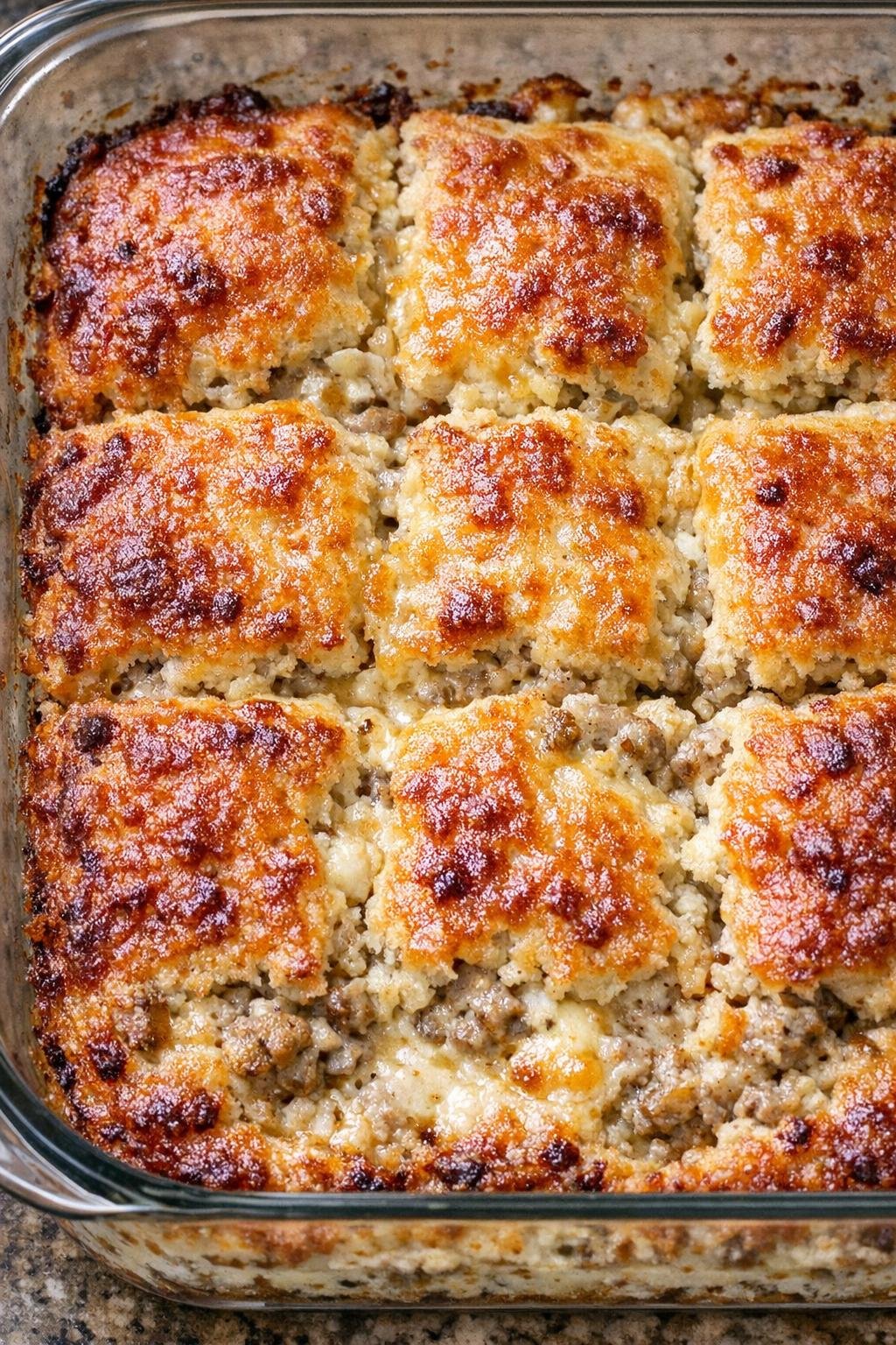 Southern creamy sausage squares baked until golden in a glass casserole dish