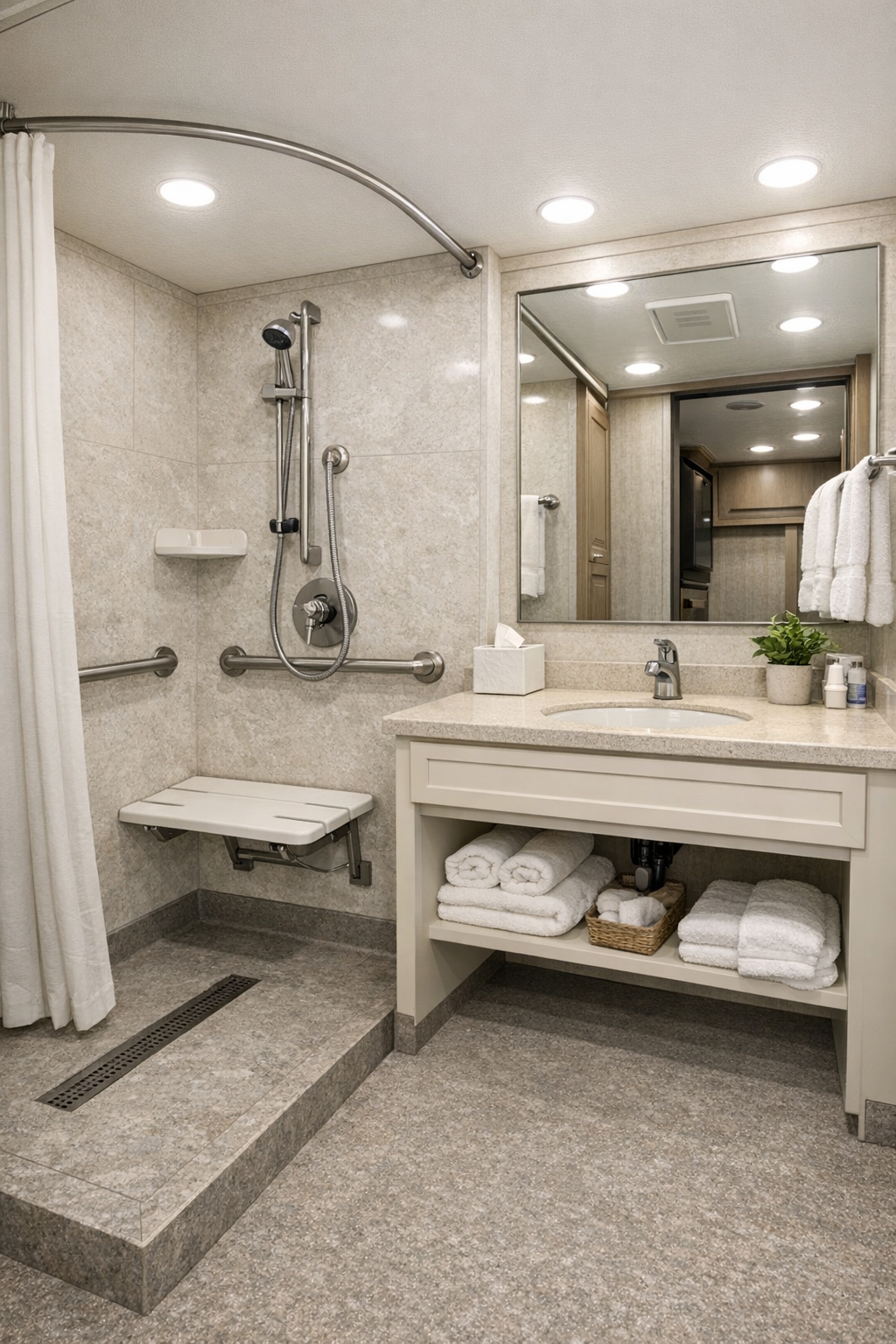 Accessible RV bathroom with barrier-free shower, pale stone finishes, and clean-lined vanity