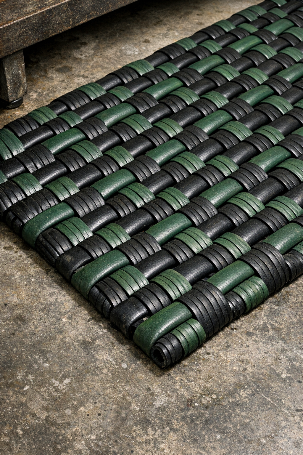 Finished heavy-duty shop floor mat made from cut rubber garden hoses