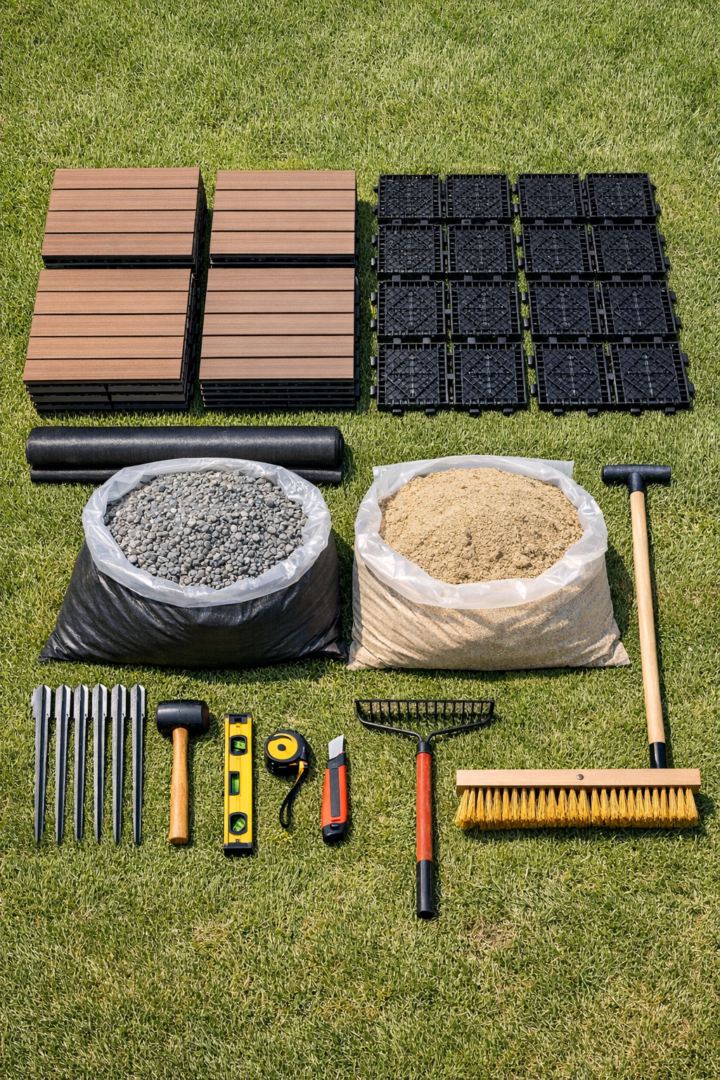 Composite deck tiles, plastic grid bases, and installation tools laid out together
