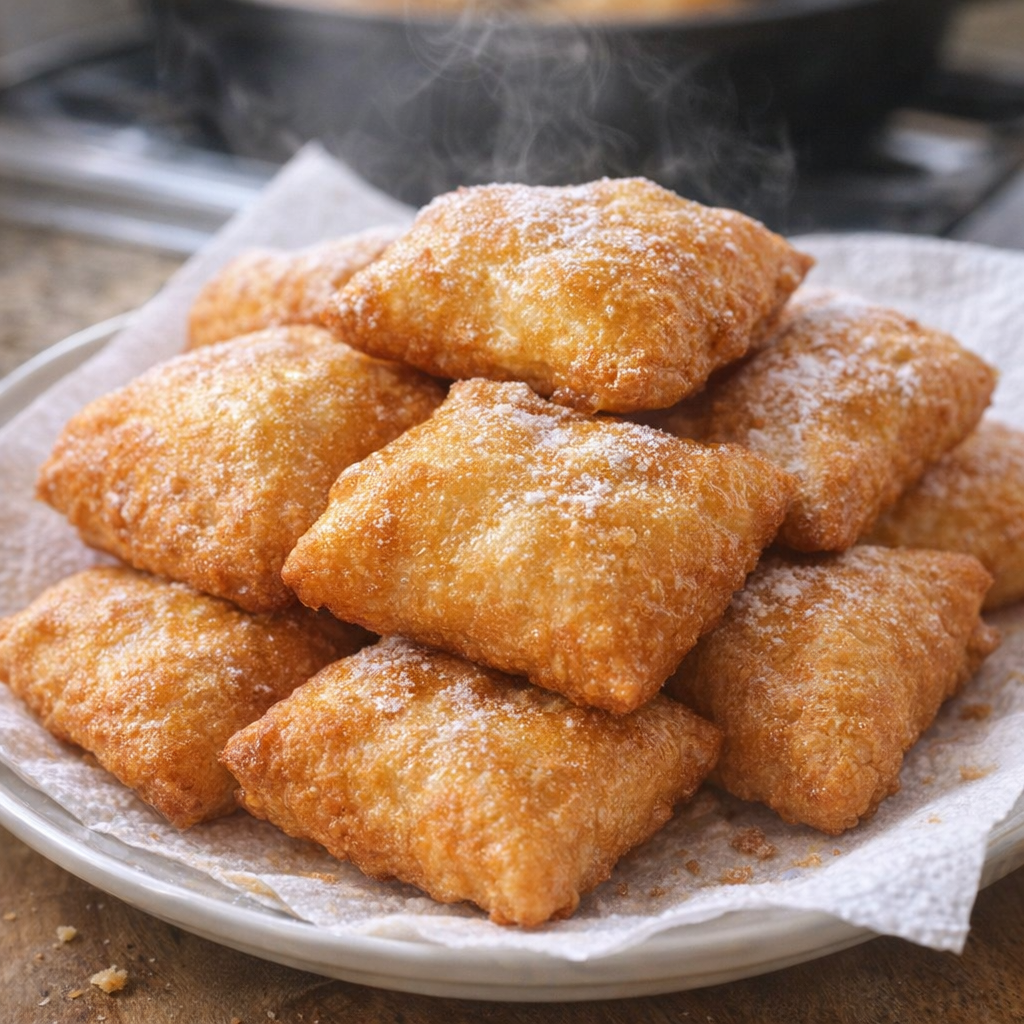 Fresh fried dough draining on a towel-lined plate
