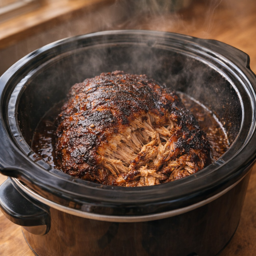 Cooked pork butt in the slow cooker with caramelized edges