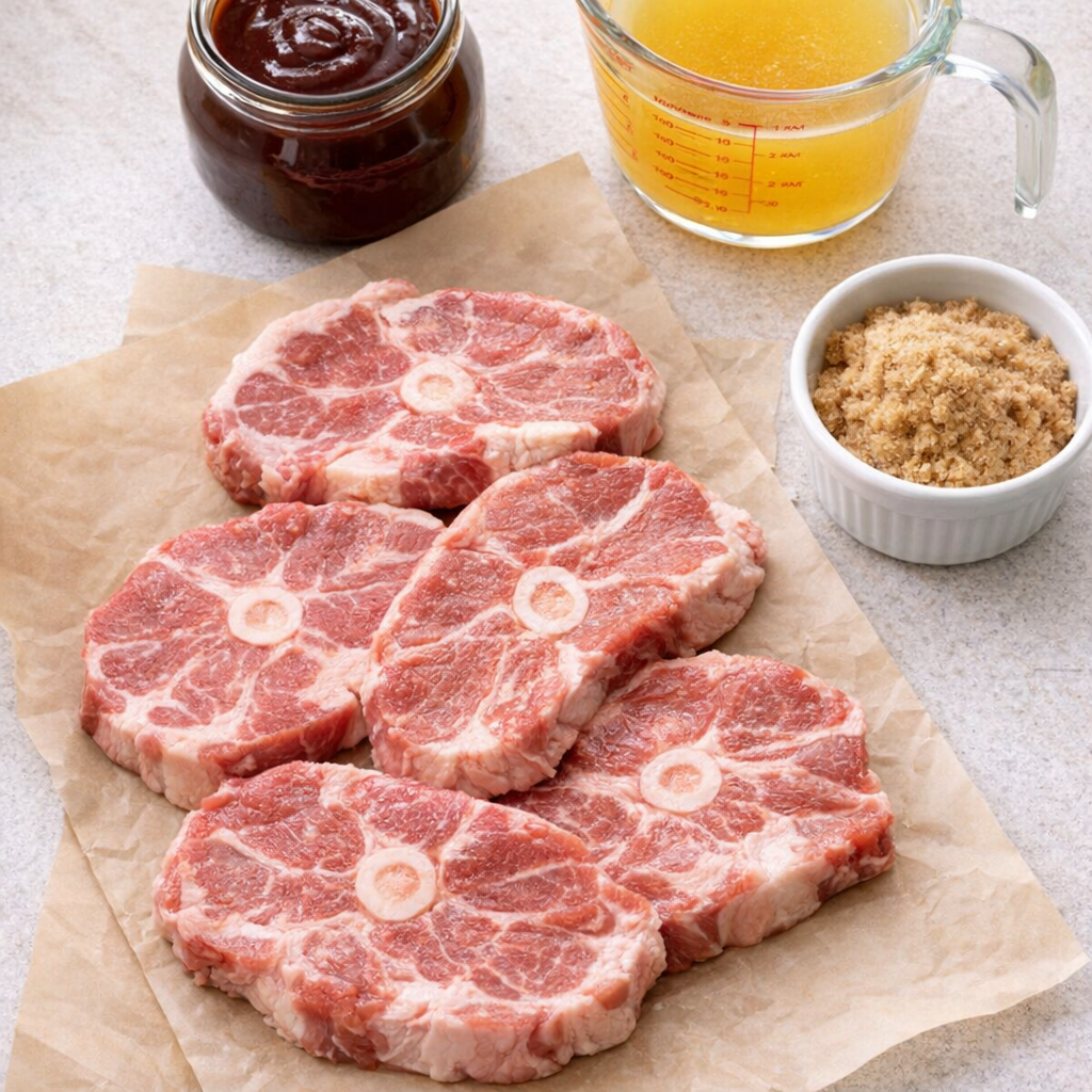 BBQ pork steak ingredients on a kitchen counter