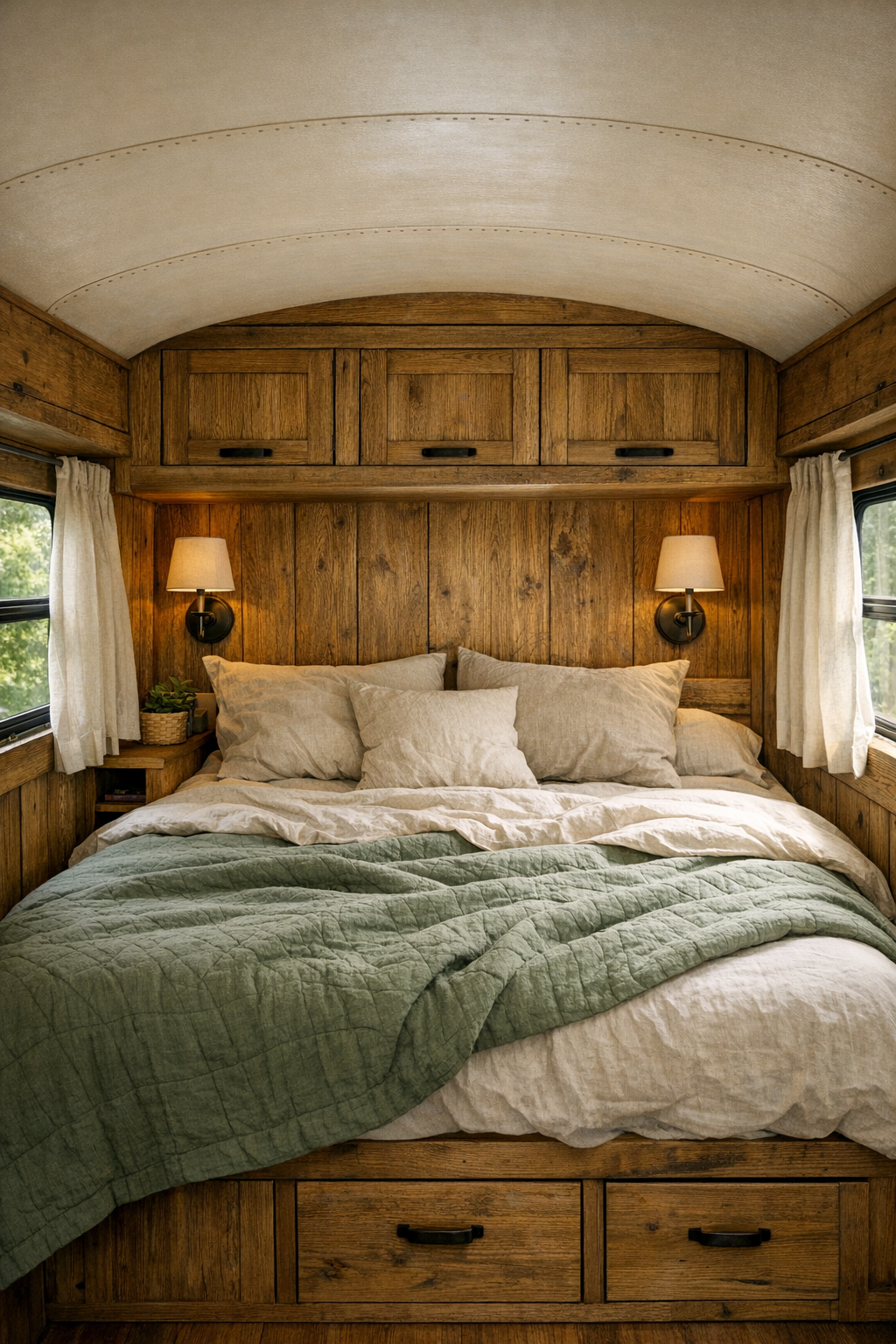 Serene bedroom in the converted bus with linen bedding, built-in oak storage, and soft filtered light