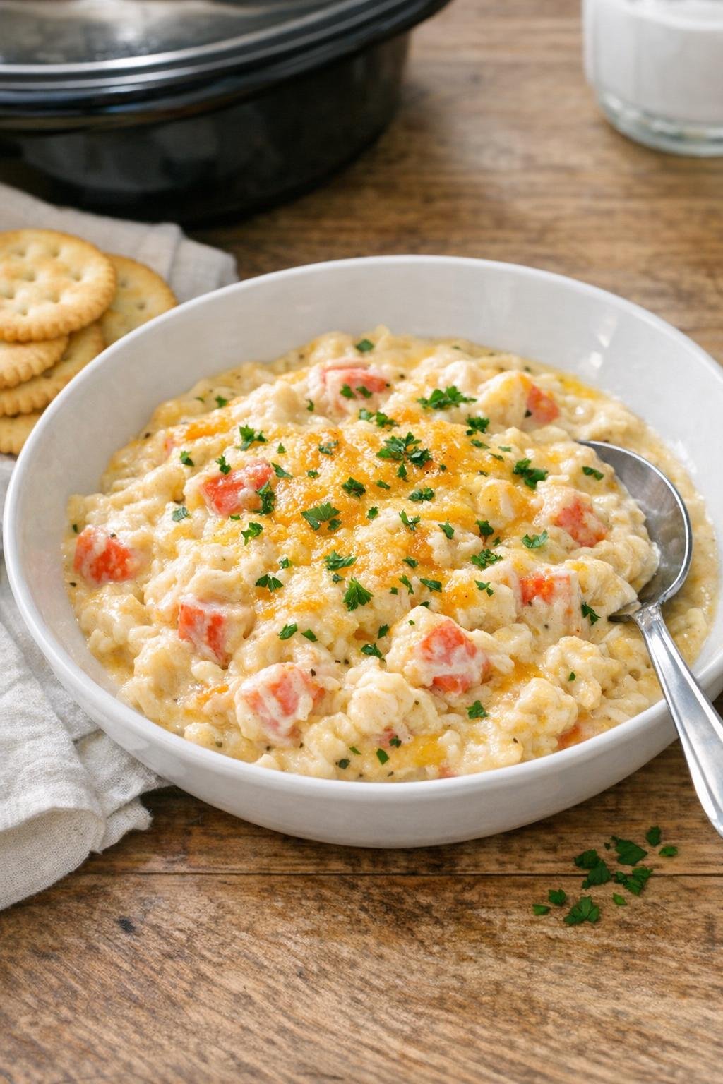 Finished creamy imitation crab seafood bake in a slow cooker