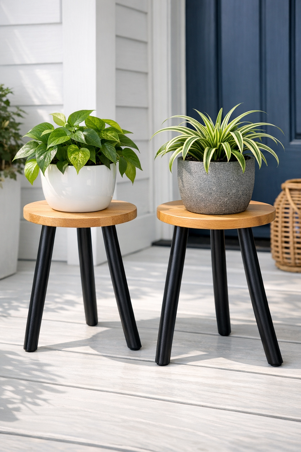 Finished modern porch plant stands made from wooden plungers and round cutting boards