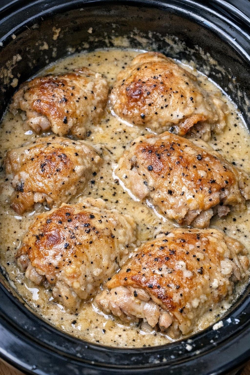 Slow cooker Amish farm chicken in a black slow cooker