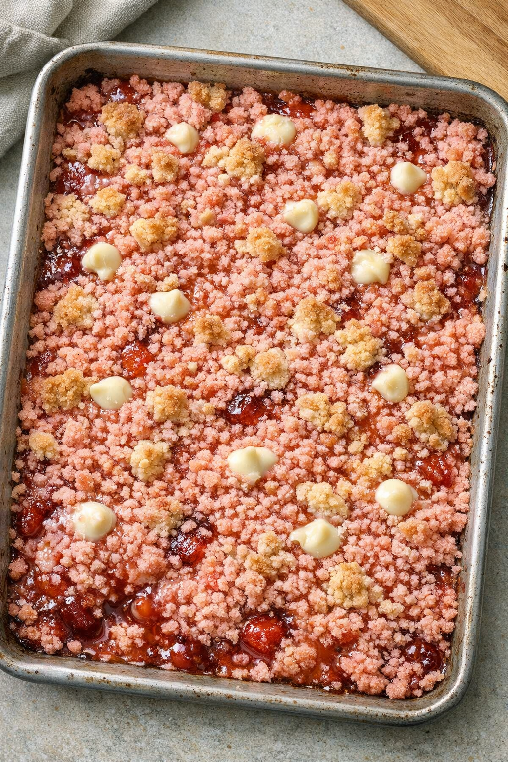 Finished strawberry cake mix dessert in a sheet pan