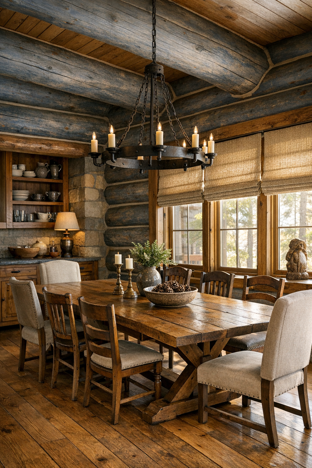 Warm dining room with trestle table, mixed seating, and iron chandelier in a blue spruce log home