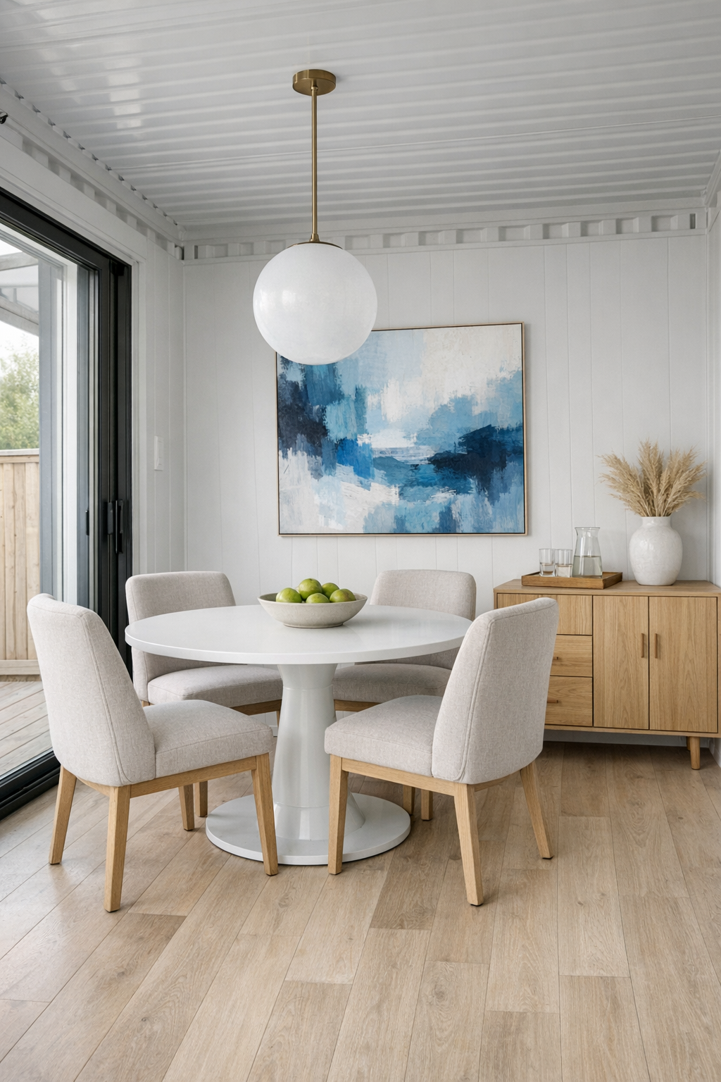 Modern dining area with a round pedestal table, upholstered chairs, and soft blue artwork