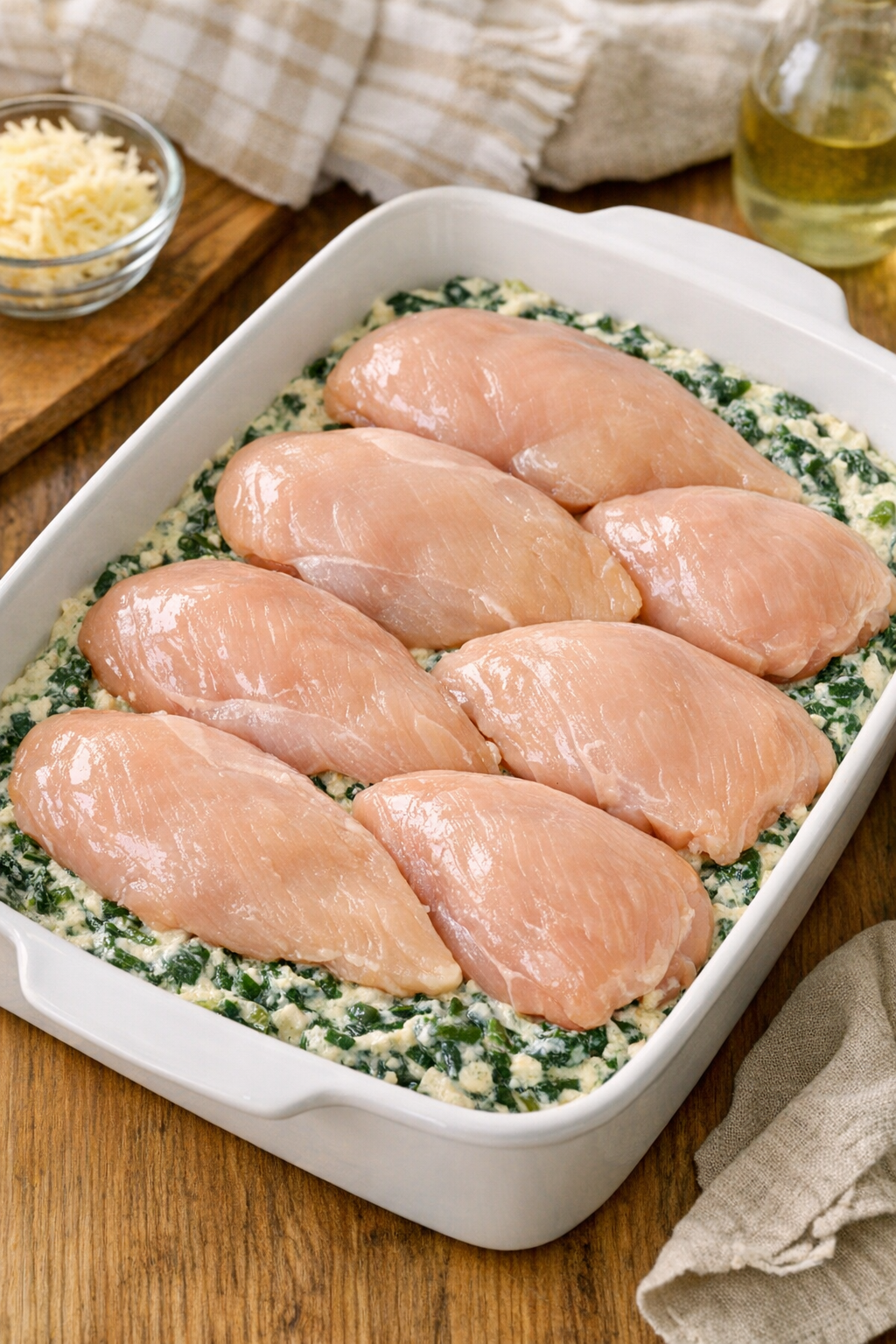Raw chicken breasts arranged over spinach mixture