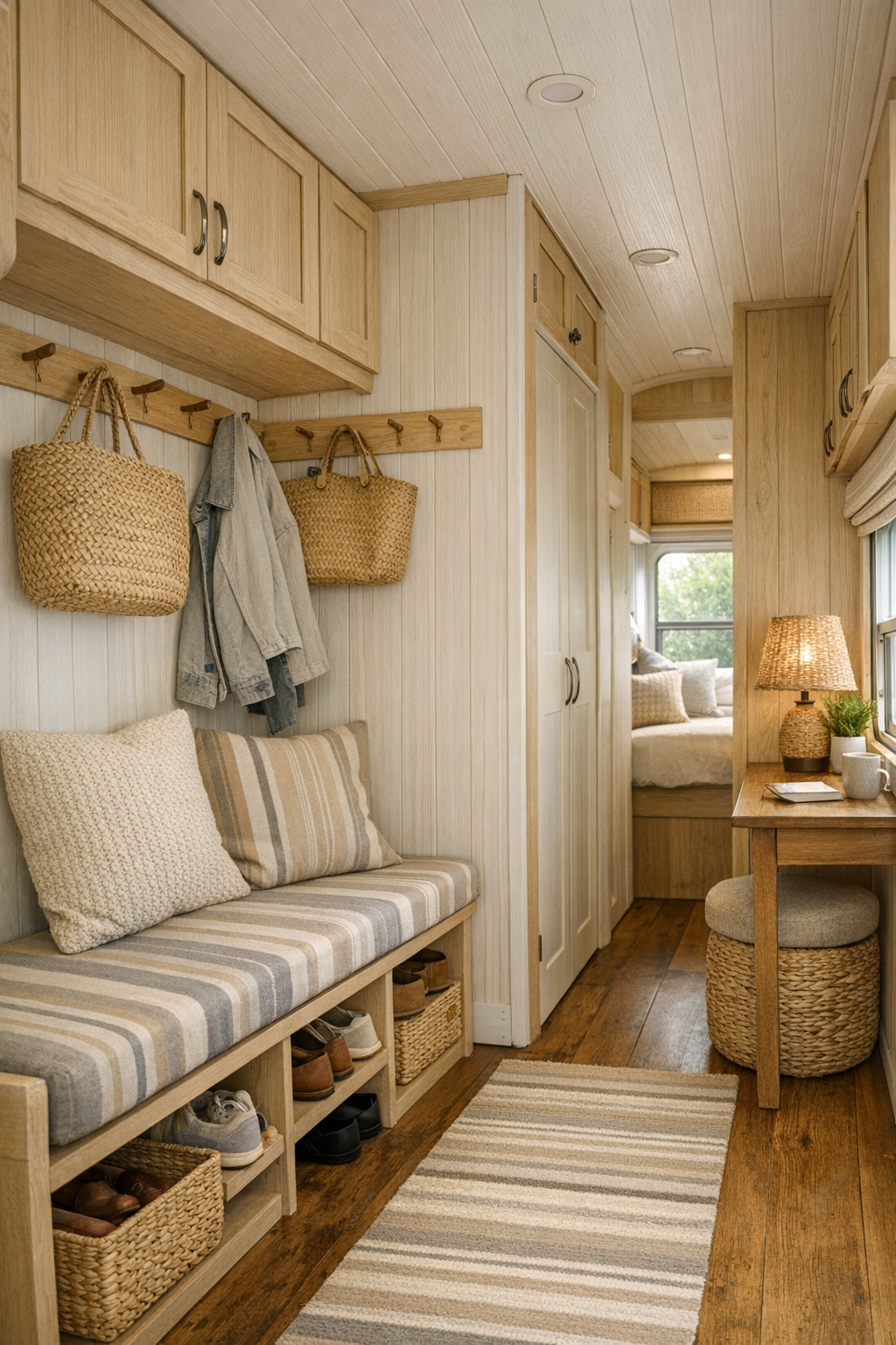 Functional corridor and entry nook with built-in storage inside a converted bus