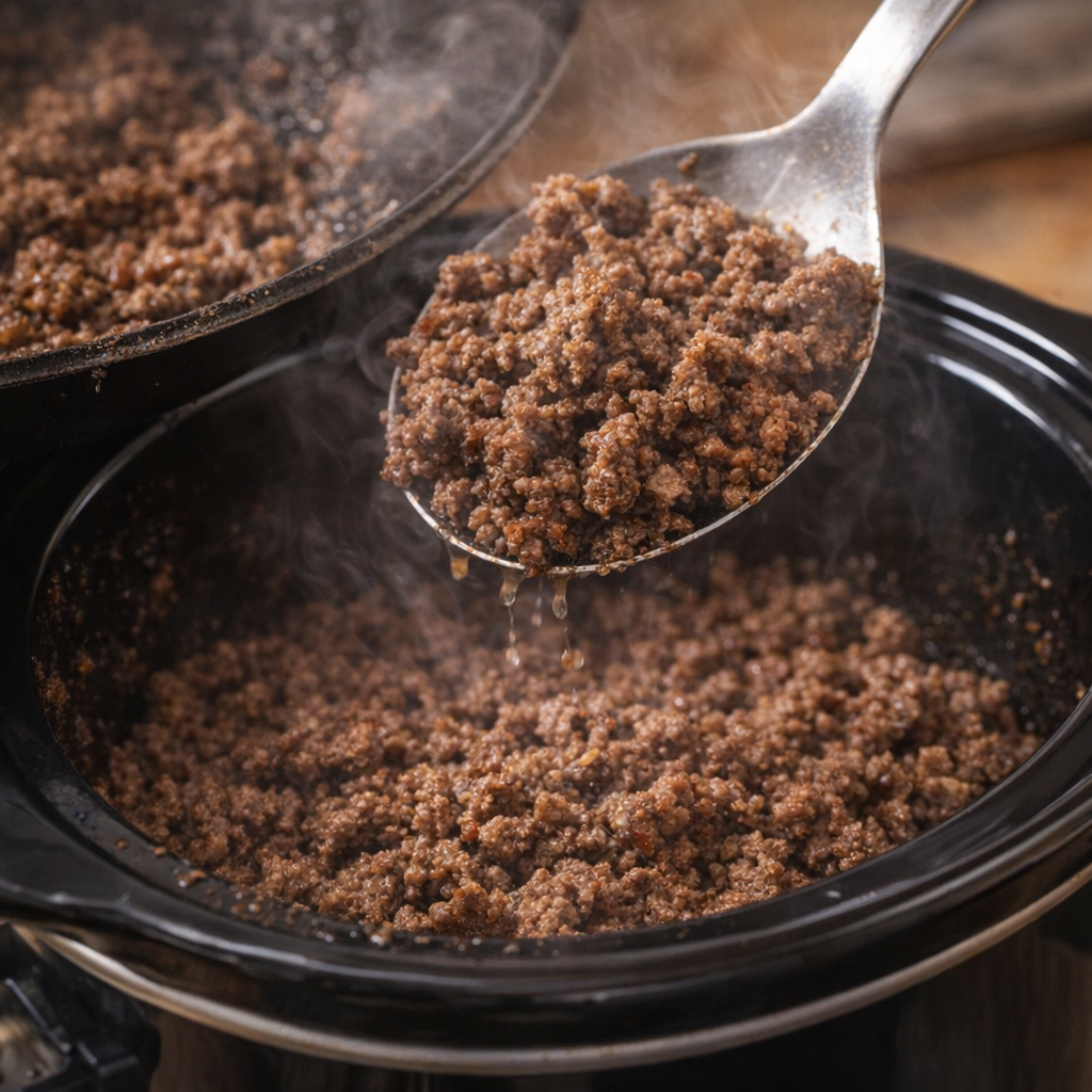 Browned ground beef being added to a slow cooker