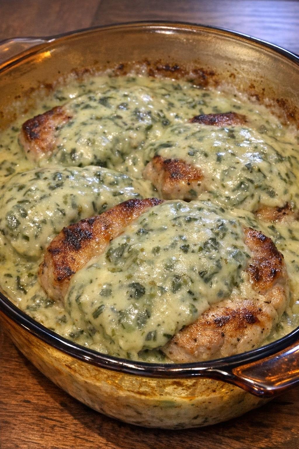 Tender golden-brown pork chops in creamy spinach sauce in a vintage amber casserole dish
