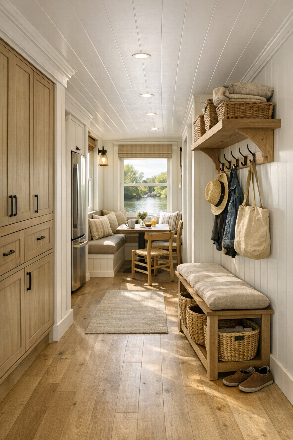 Thoughtful secondary spaces including a wide hallway with built-ins, a cozy breakfast nook, and a tidy farmhouse entry bench
