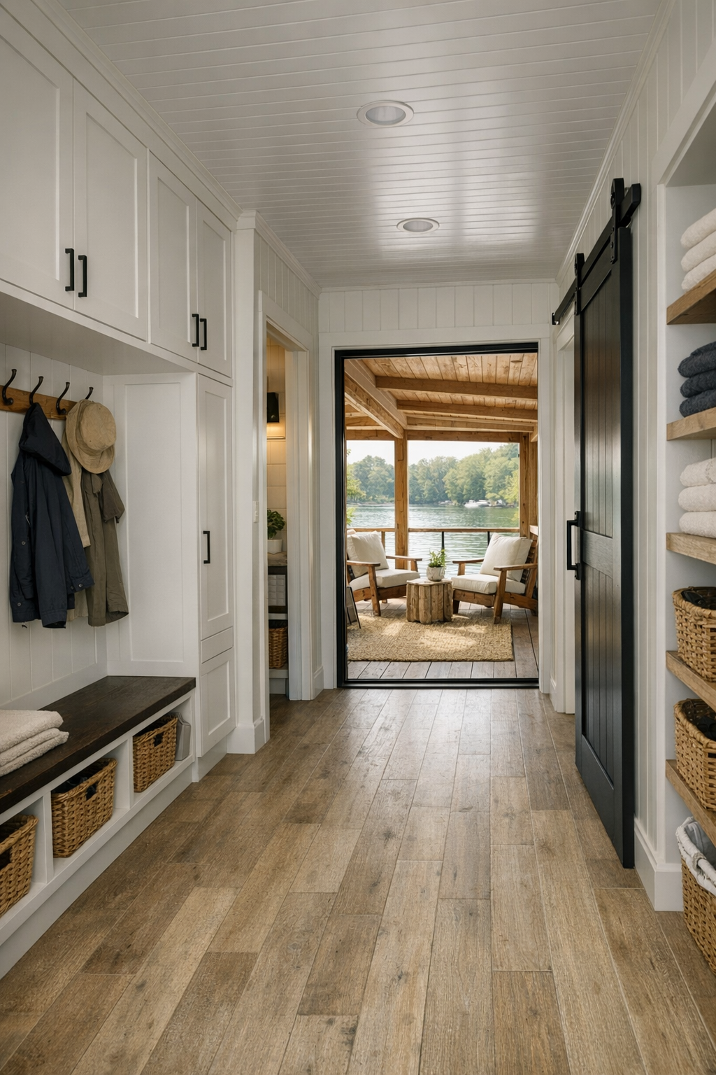 Wide hallway and covered deck area with built-in storage and relaxed farmhouse details