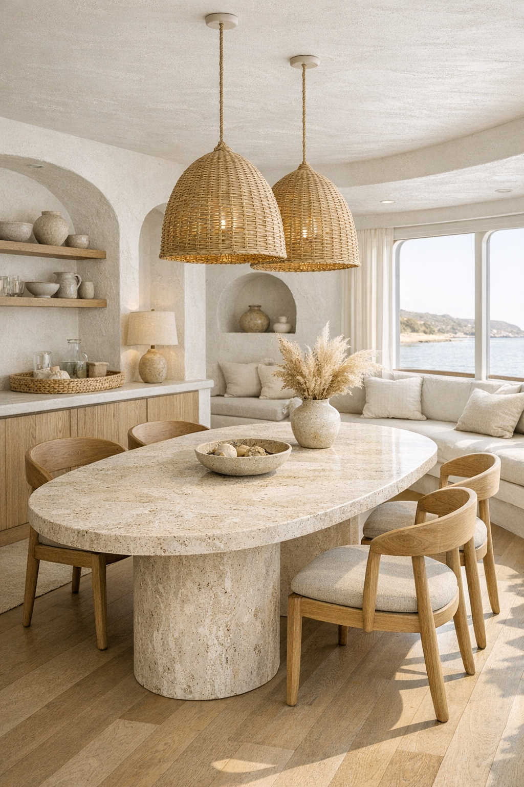 Airy Mediterranean dining room with oval travertine table and curved wood chairs