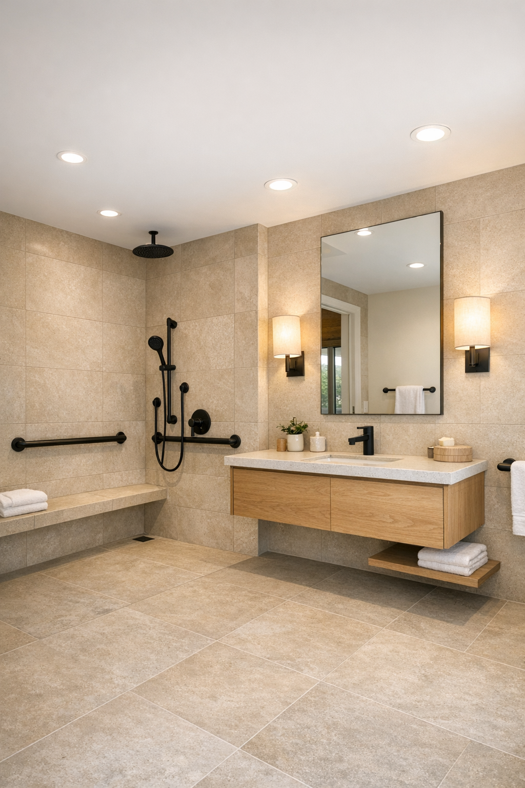 Spa-like accessible bathroom with curbless shower, sand tile, and oak vanity
